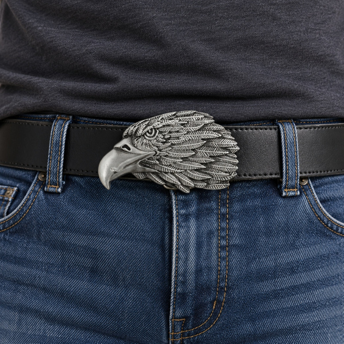 Eagle Head Belt Buckle worn with black 38 mm leather belt - male lifestyle