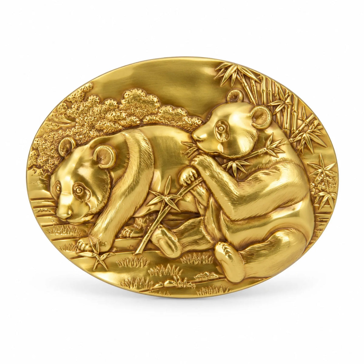 Golden Panda Belt Buckle front view - gold panda bamboo design