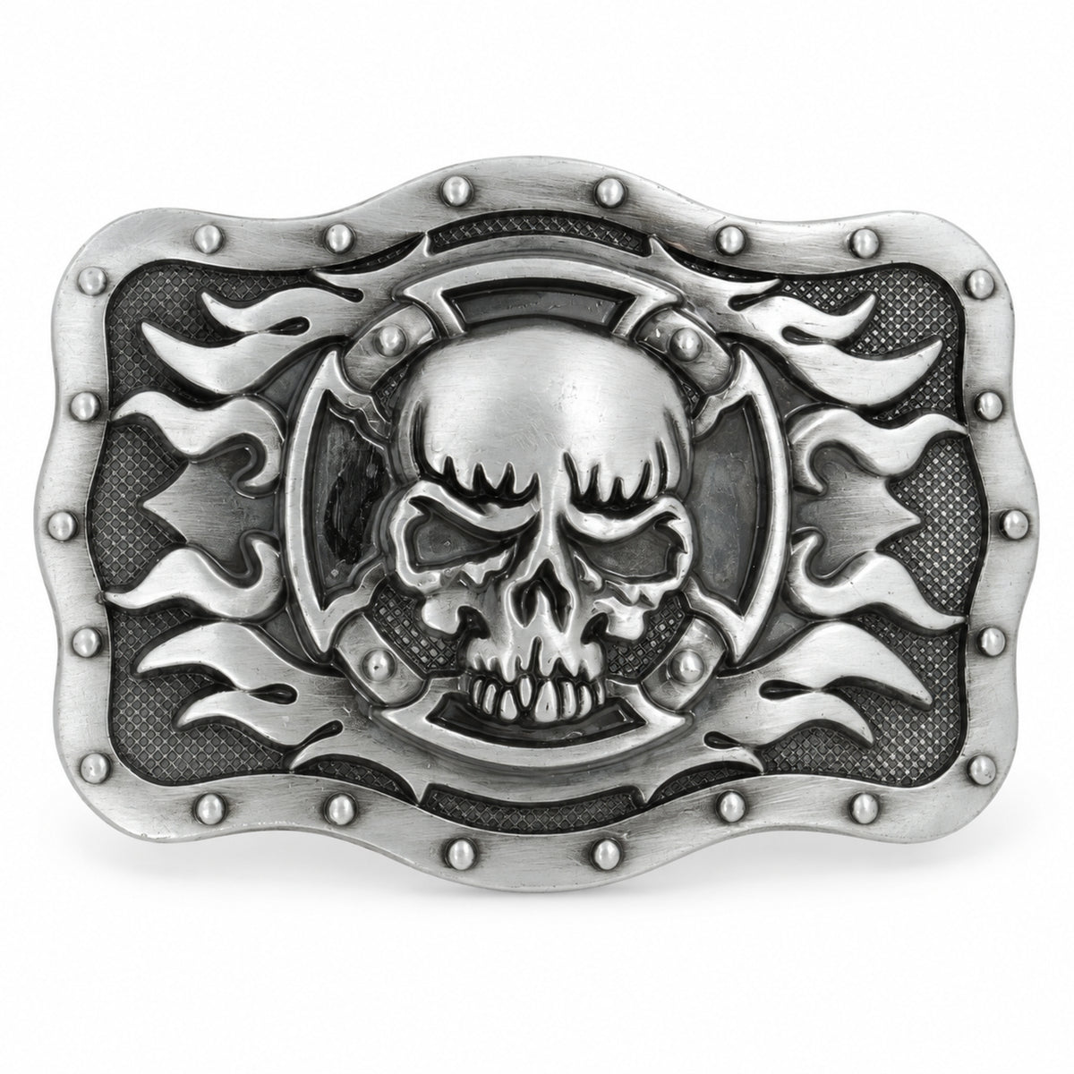 Grey skull and flames belt buckle with raised metal detailing