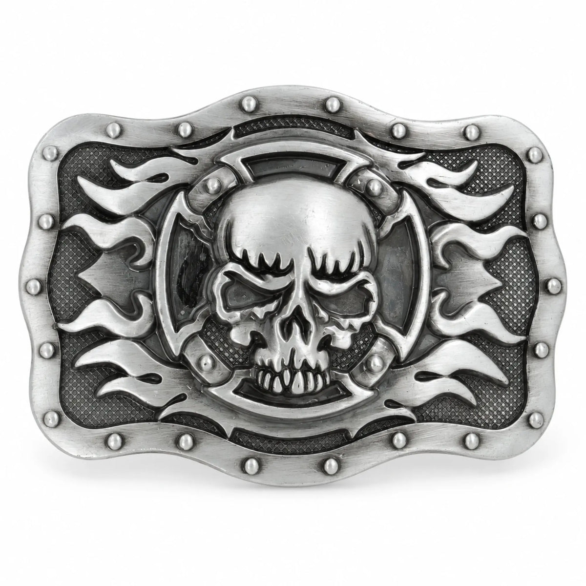 Grey skull and flames belt buckle with raised metal detailing