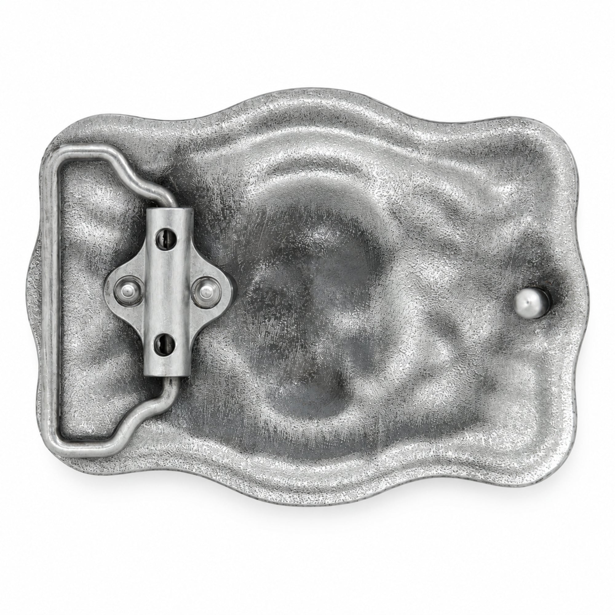 Rear of grey skull belt buckle showing belt loop and fastening stud