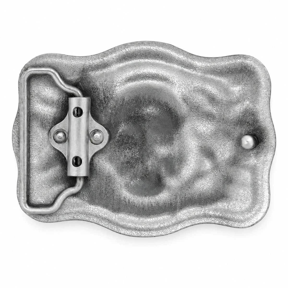 Rear of grey skull belt buckle showing belt loop and fastening stud