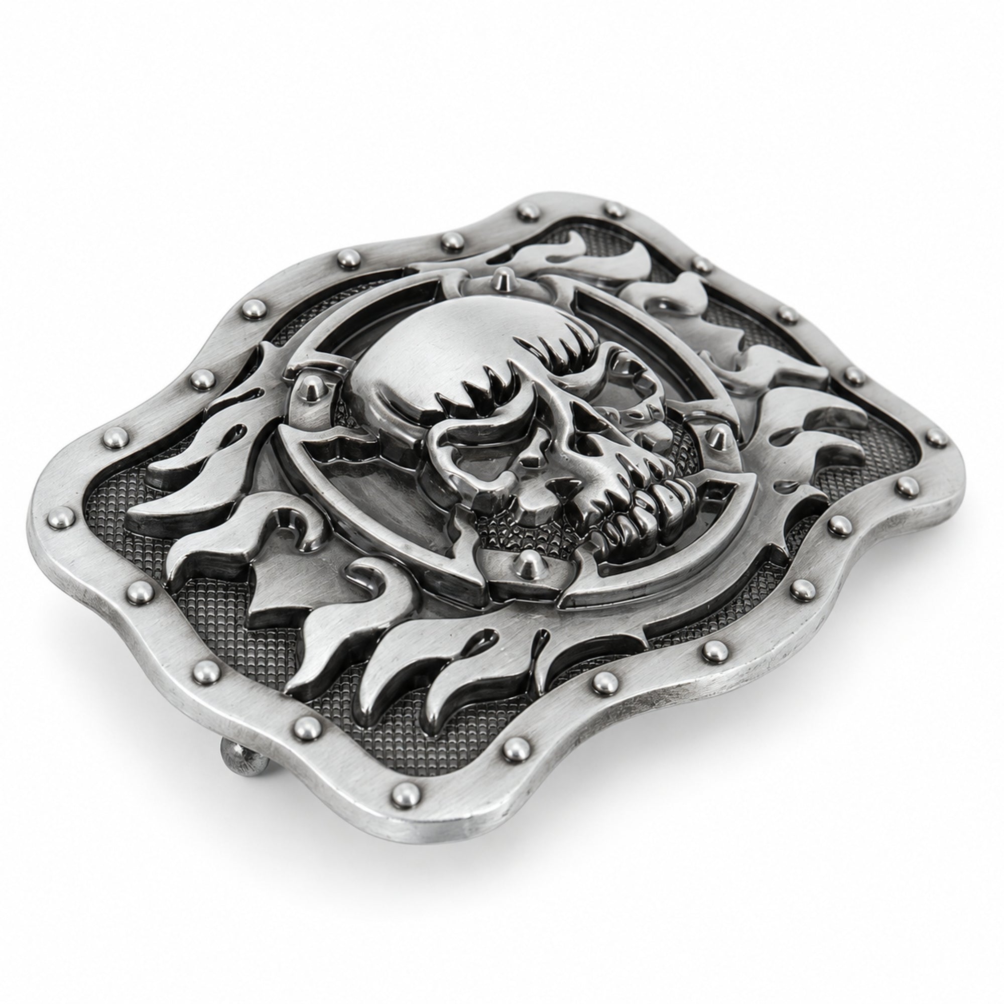 Angled view of grey skull and flames buckle showing raised detailing