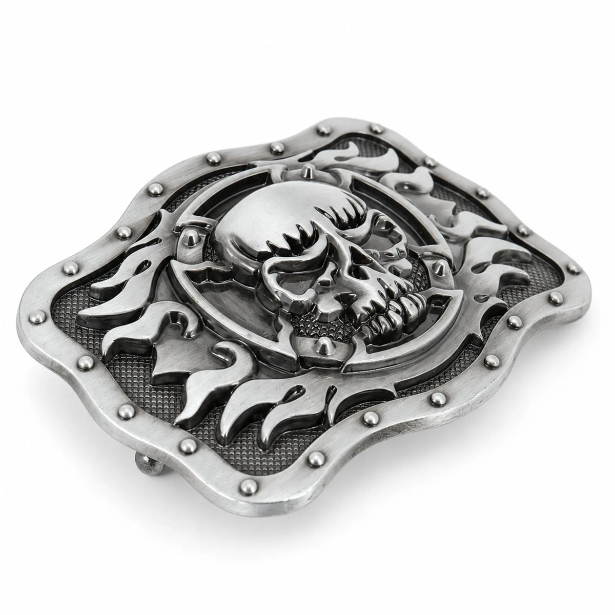 Angled view of grey skull and flames buckle showing raised detailing