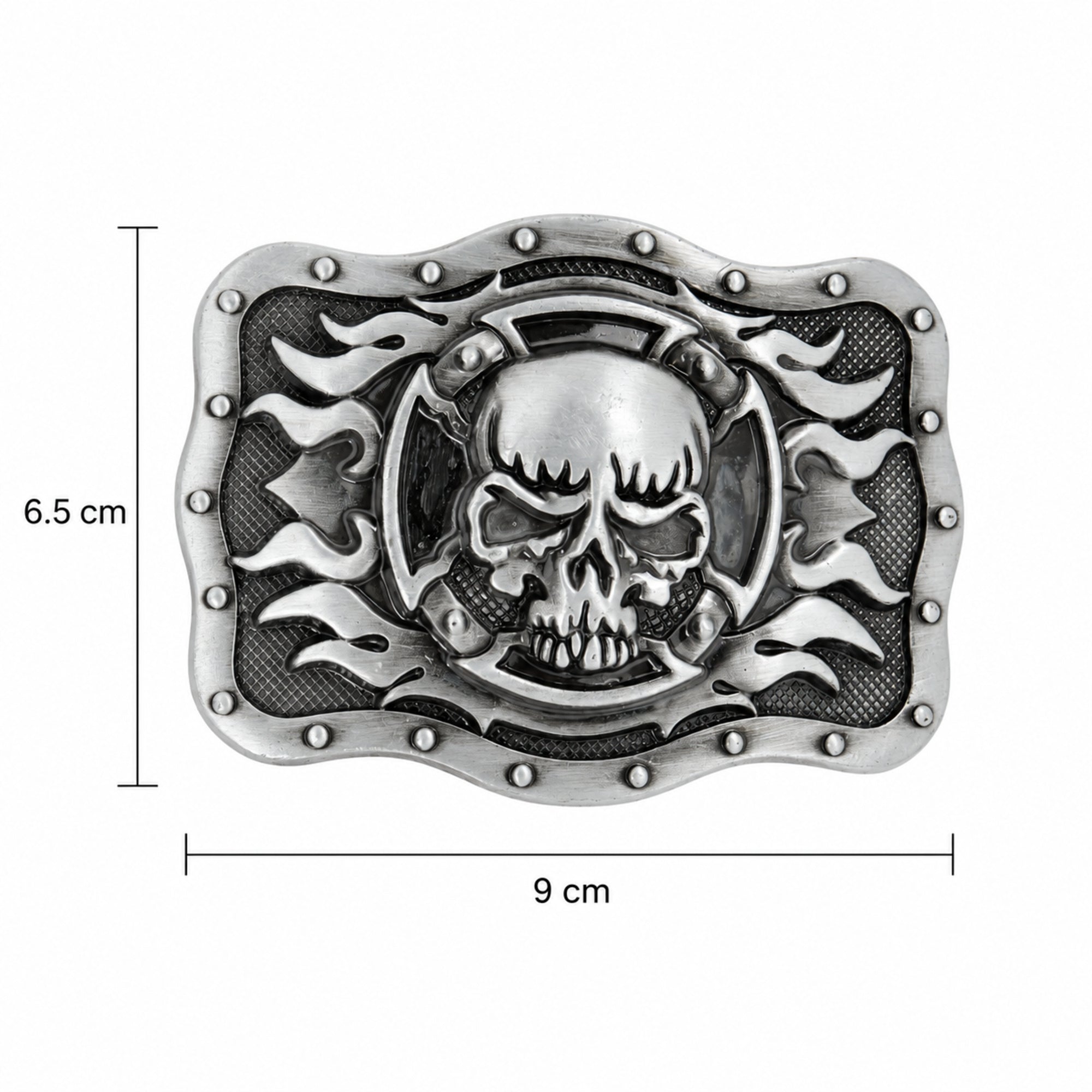 Grey skull and flames belt buckle size guide