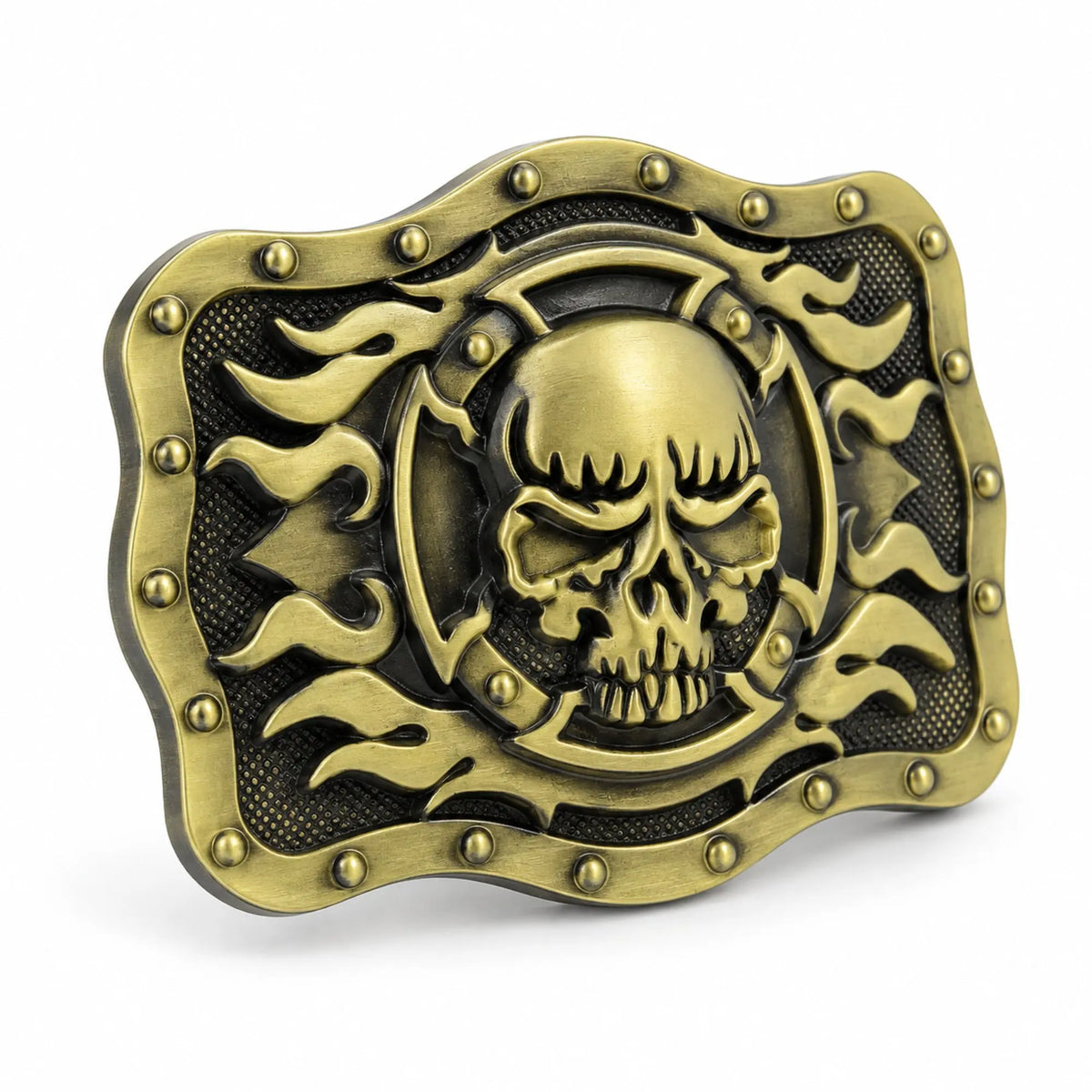Angled view of bronze/gold skull and flames buckle showing raised detailing