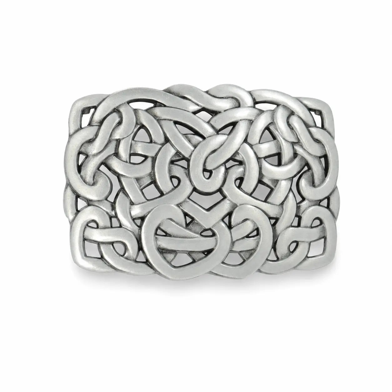 A wide silver-toned belt buckle featuring an intricate, raised Celtic knot pattern, photographed on a clean white background.