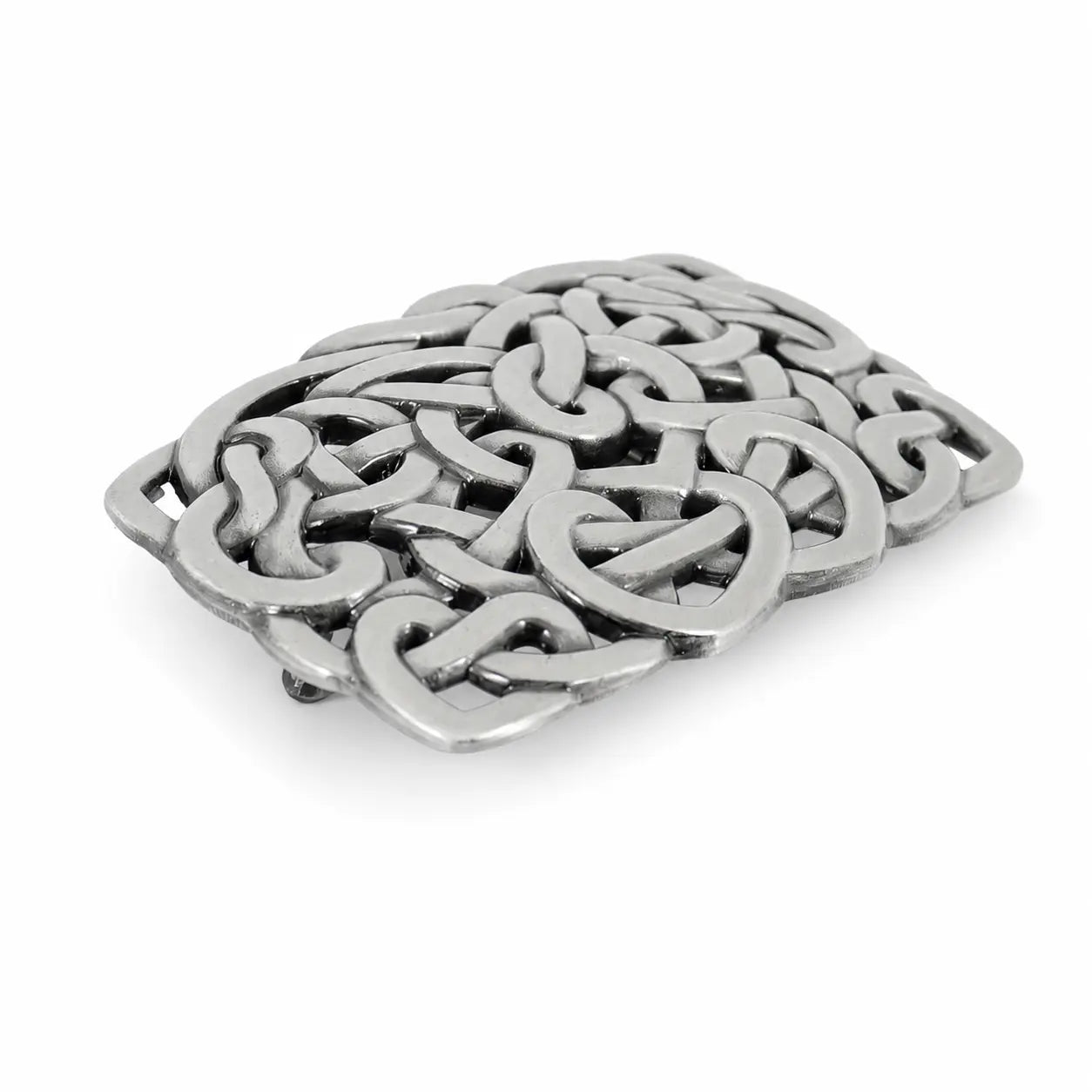 A rectangular silver-toned metal belt buckle featuring an intricate Celtic knot design, shown on a clean white background.