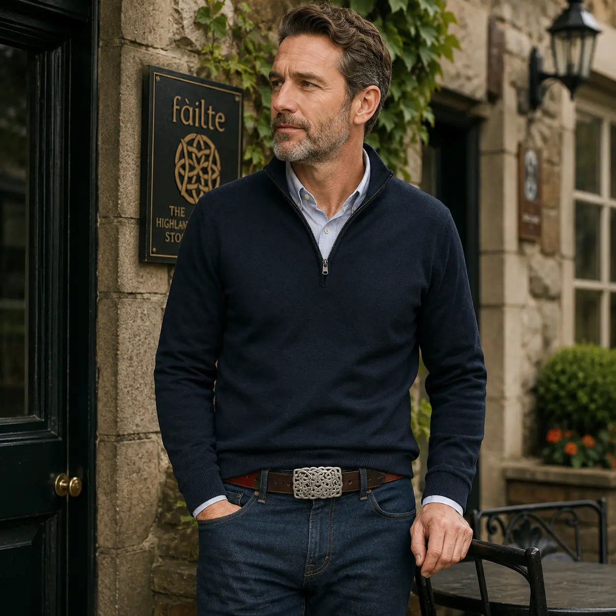 A man wearing a navy blue quarter-zip sweater over a light blue collared shirt, styled with dark blue jeans and a brown belt, standing outdoors in front of a stone building.