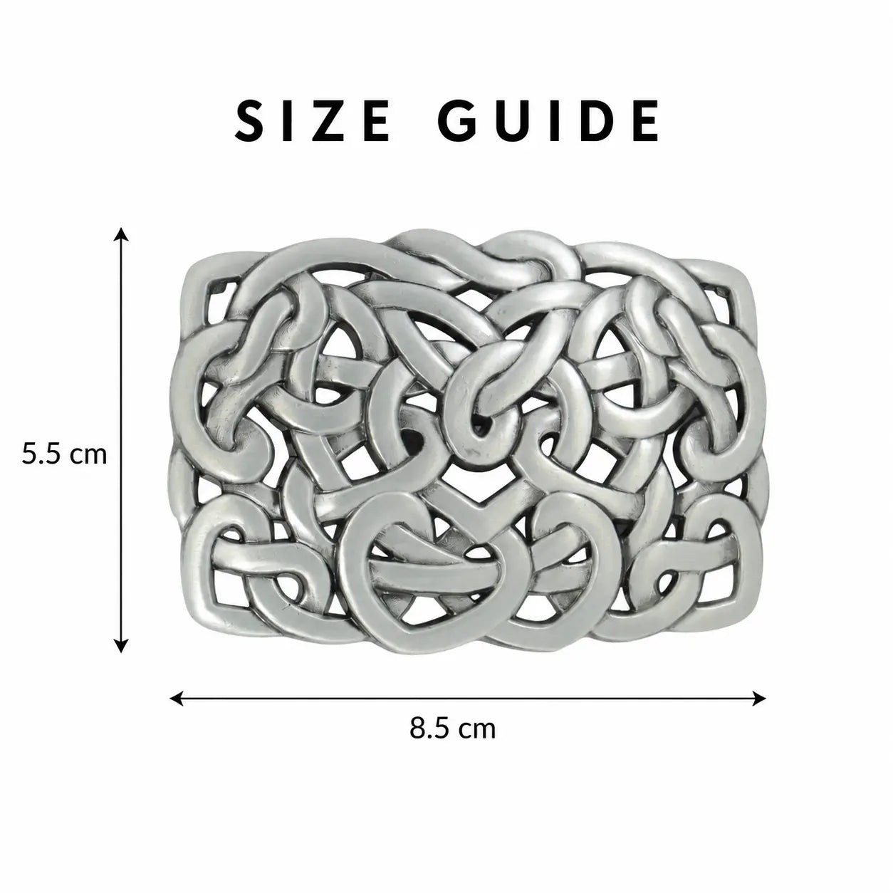 A silver-toned interlocking belt buckle shown on a white background with measurement arrows and text reading 'SIZE GUIDE' dimensions 5.5 cm height and 8.5cm wide.