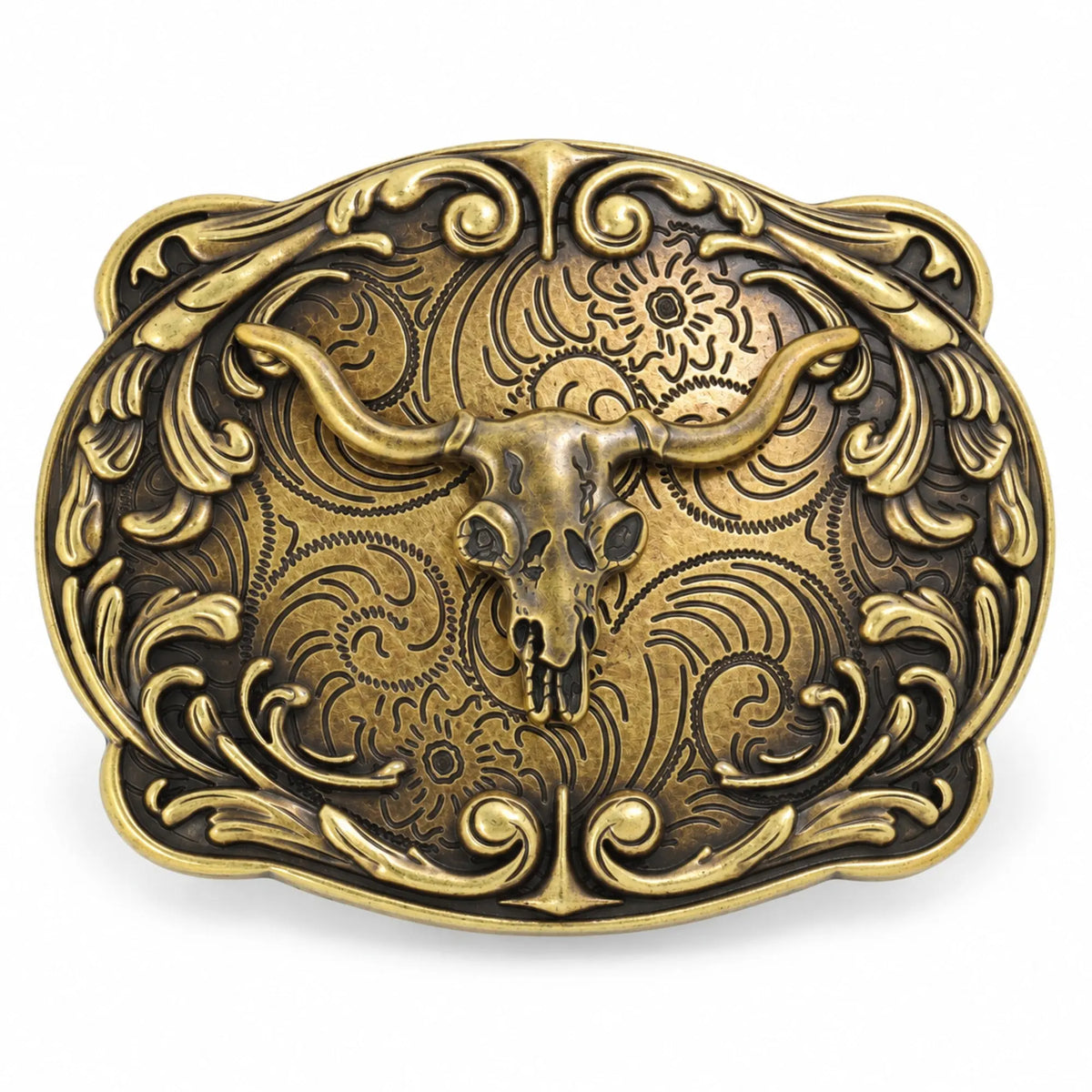 Antique bronze longhorn skull belt buckle with ornate Western scrollwork
