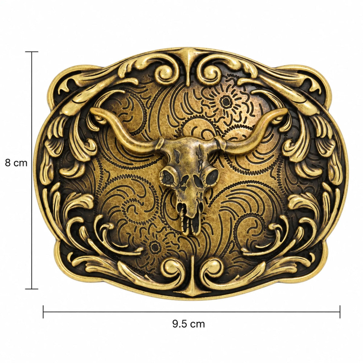 Antique bronze longhorn skull belt buckle size guide