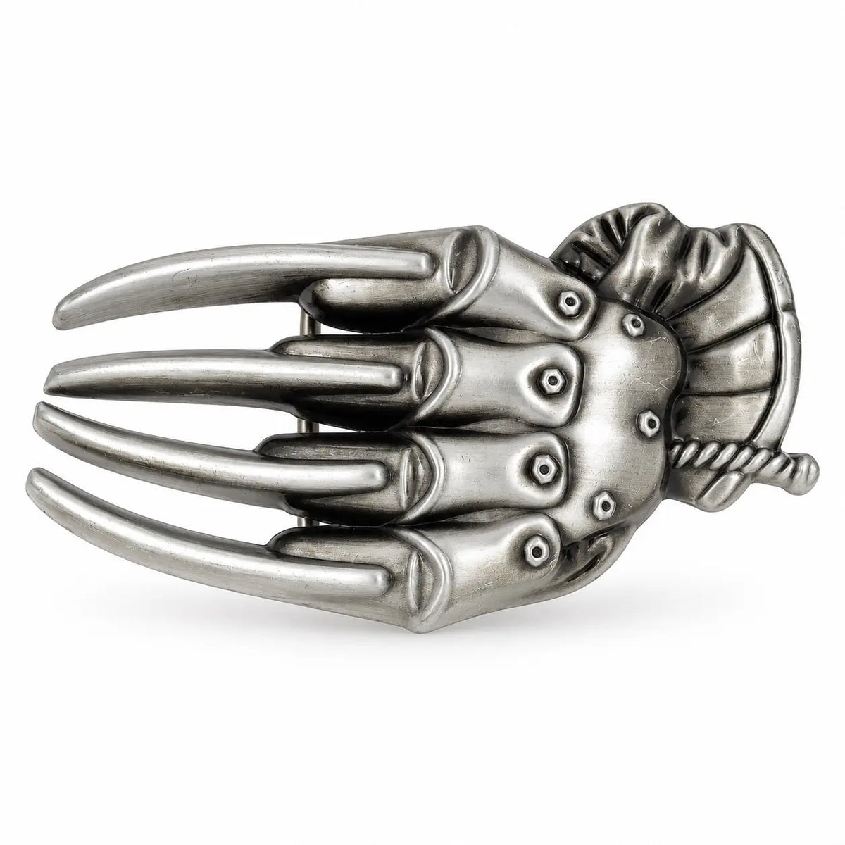 Razor glove belt buckle with horror claw design in grey metal, front view