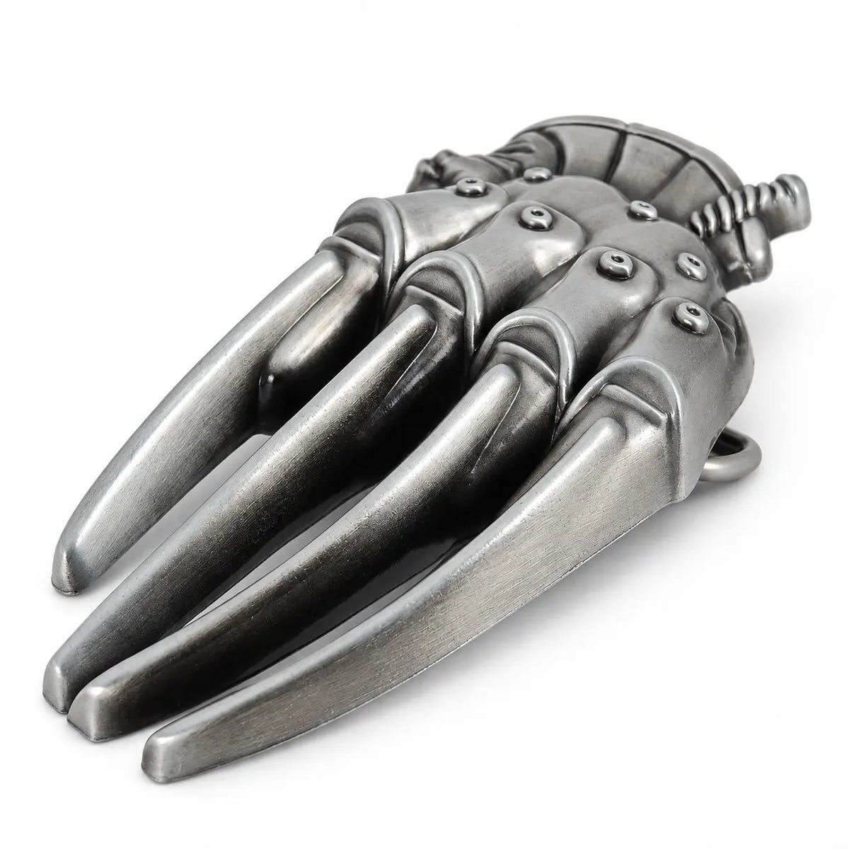 Close-up of razor glove belt buckle showing rivet detailing and claw blades