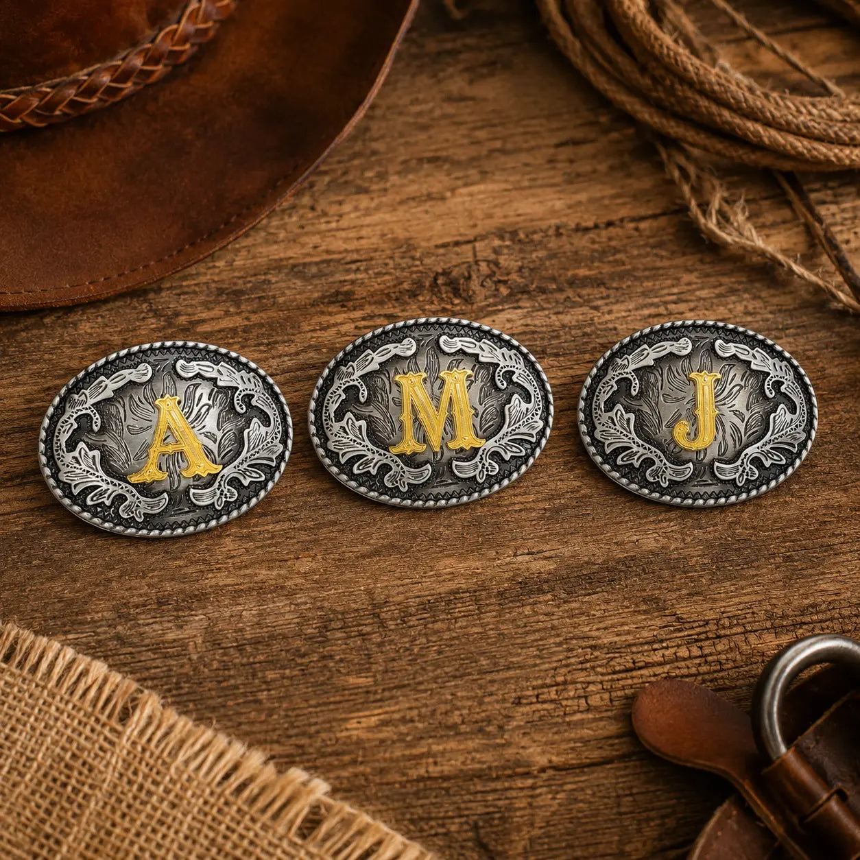 Three silver belt buckles with gold letters 'A', 'M', and 'J' on a wooden surface with cowboy hat and lasso.