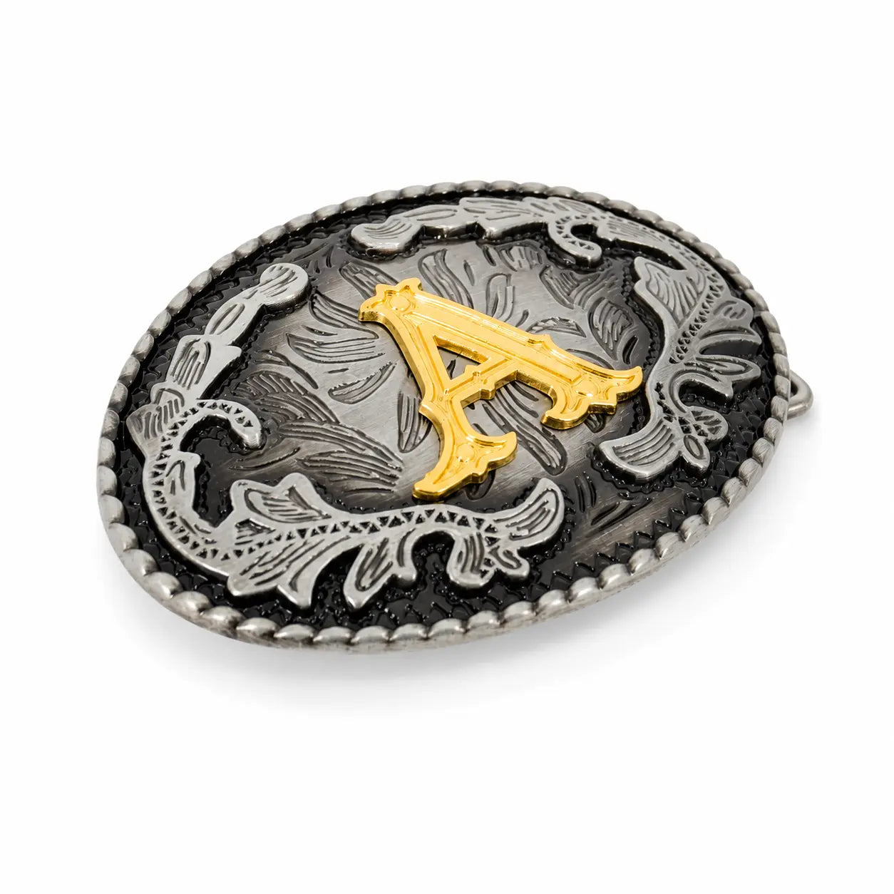 Belt buckle with decorative design and gold letter 'A' on a white background