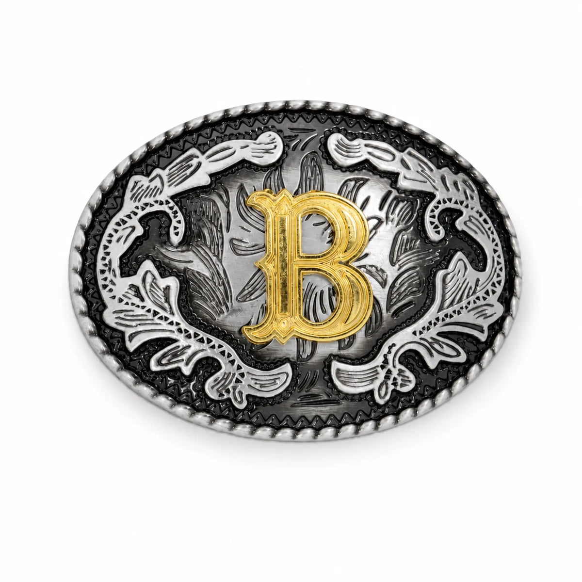 Belt buckle with gold letter 'B' and silver floral design on a white background