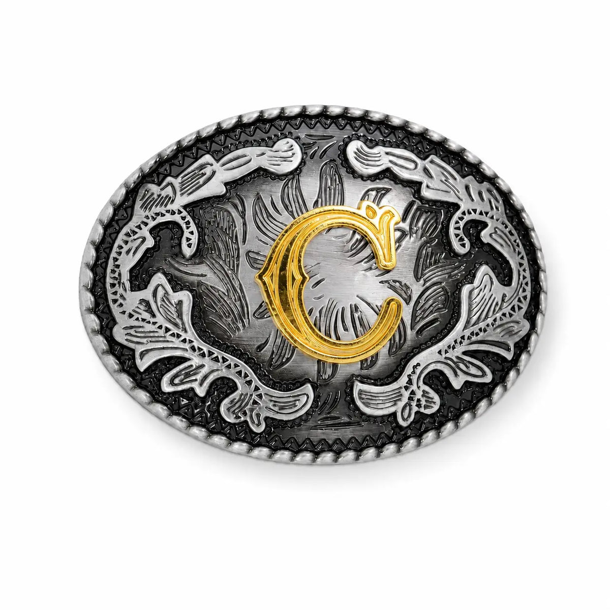 Decorative belt buckle with a gold 'C' and intricate silver design on a white background