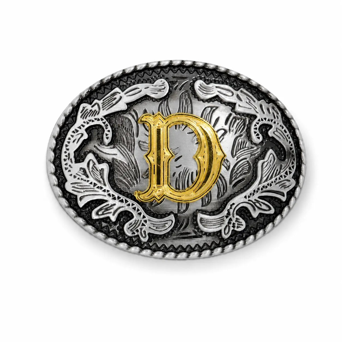 Belt buckle with decorative design and gold letter 'D' on a white background