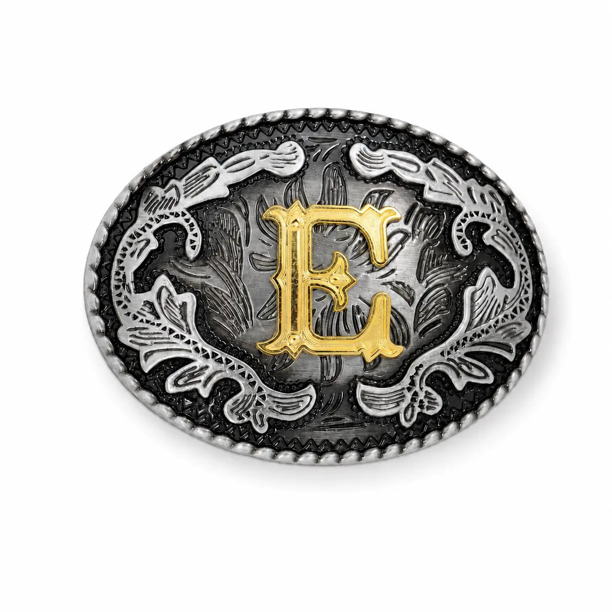 Belt buckle with 'E' letter design on a white background