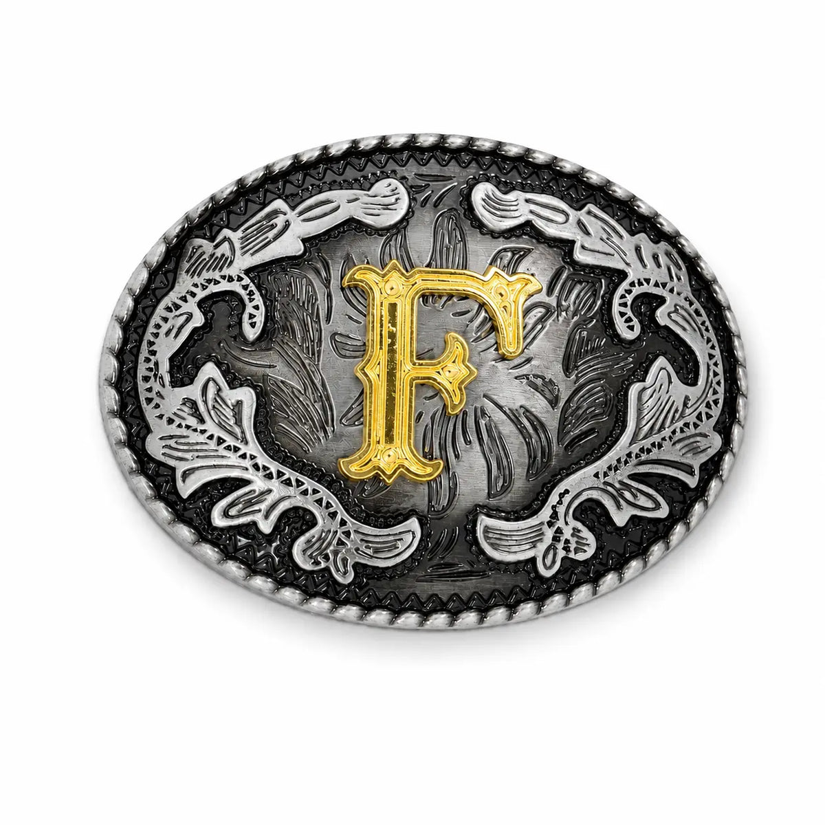 Decorative belt buckle with a gold 'F' and intricate silver design on a white background