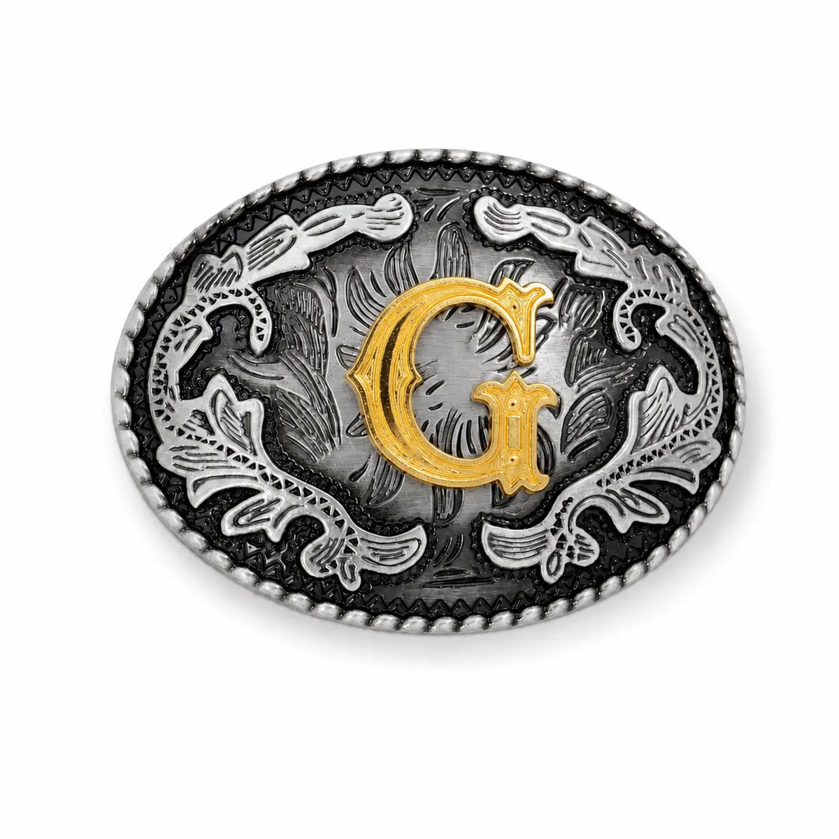 Belt buckle with decorative design and letter 'G' on a white background