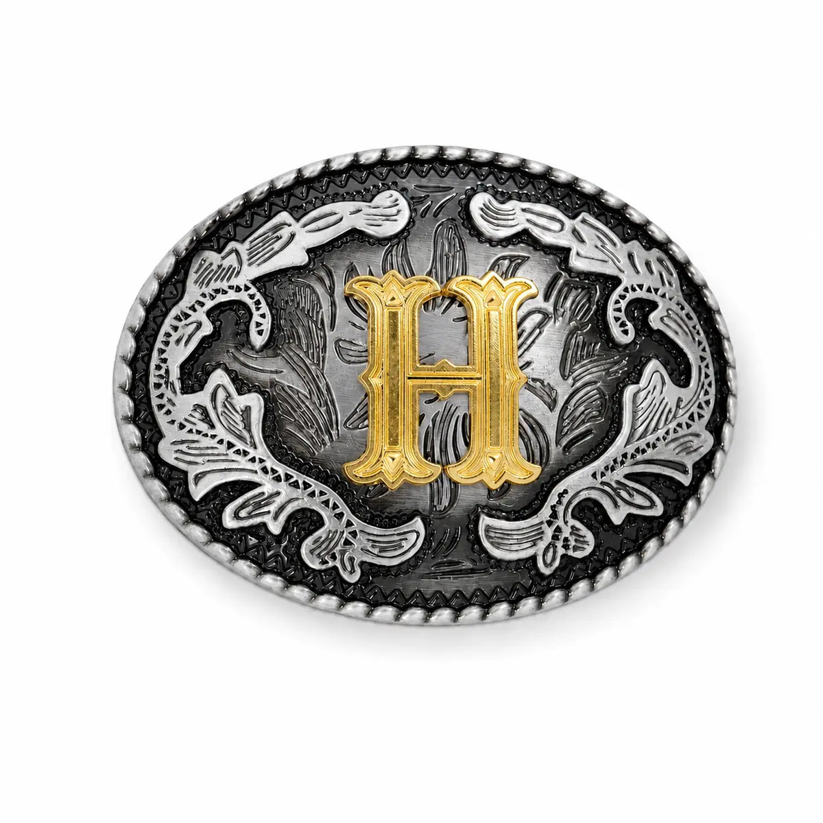 Belt buckle with gold letter 'H' and silver floral designs on a white background
