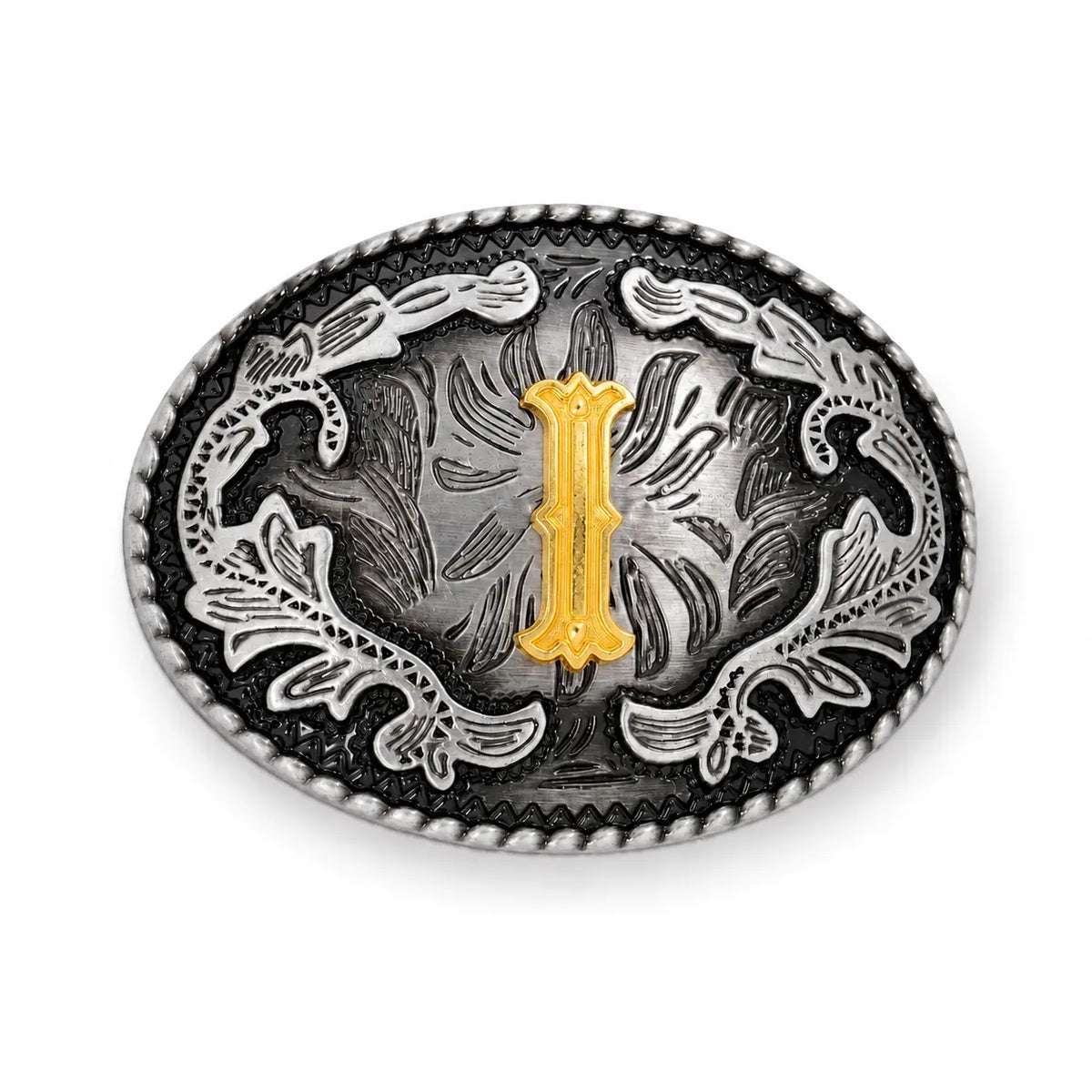 Belt buckle with decorative design and letter 'I' on a white background