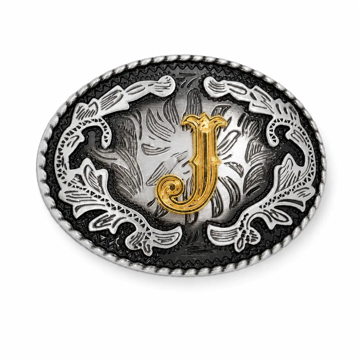 Belt buckle with decorative design and gold letter 'J' on a white background