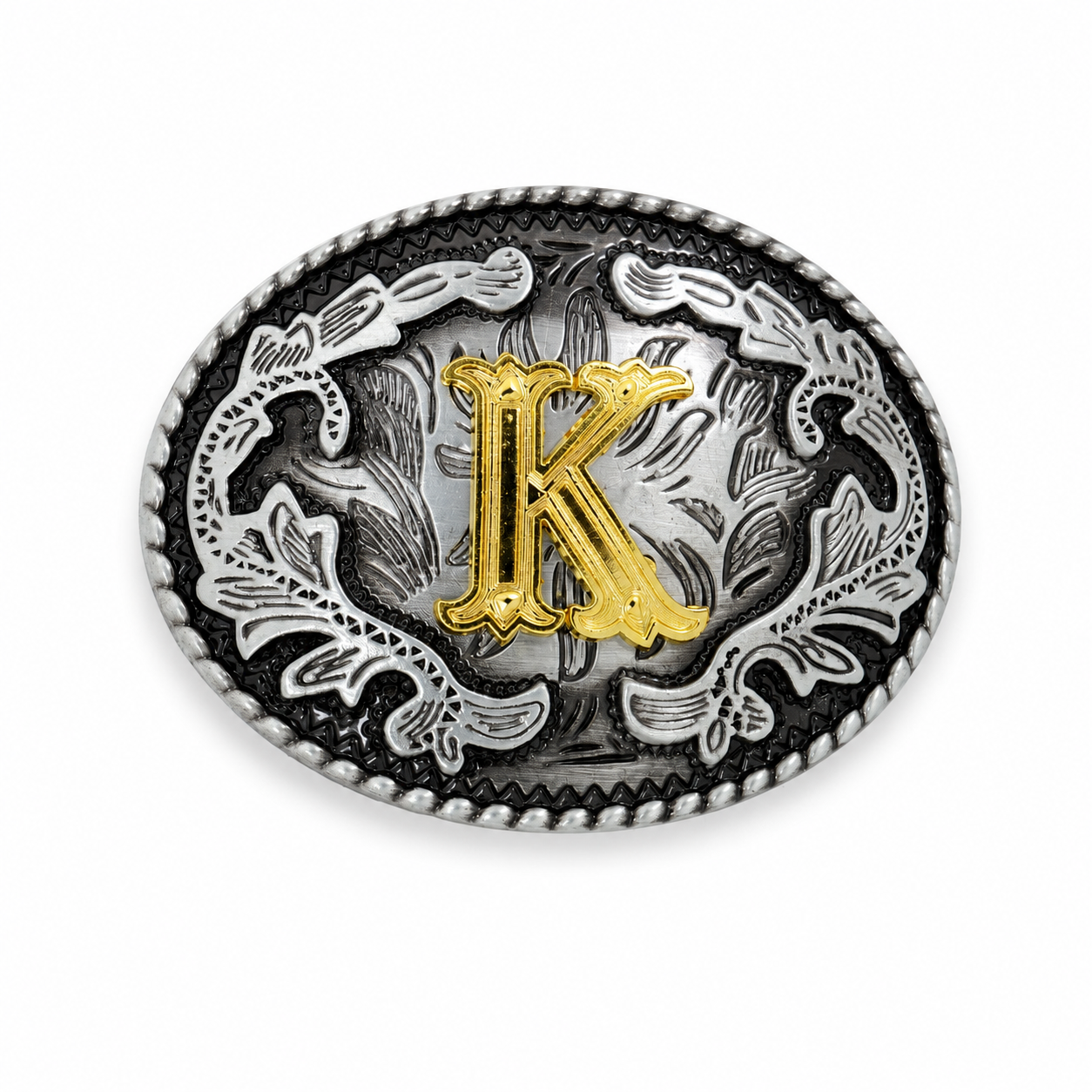 Belt buckle with gold letter 'K' and intricate silver design on a white background
