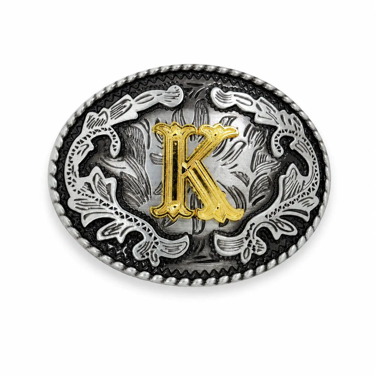 Belt buckle with gold letter 'K' and intricate silver design on a white background