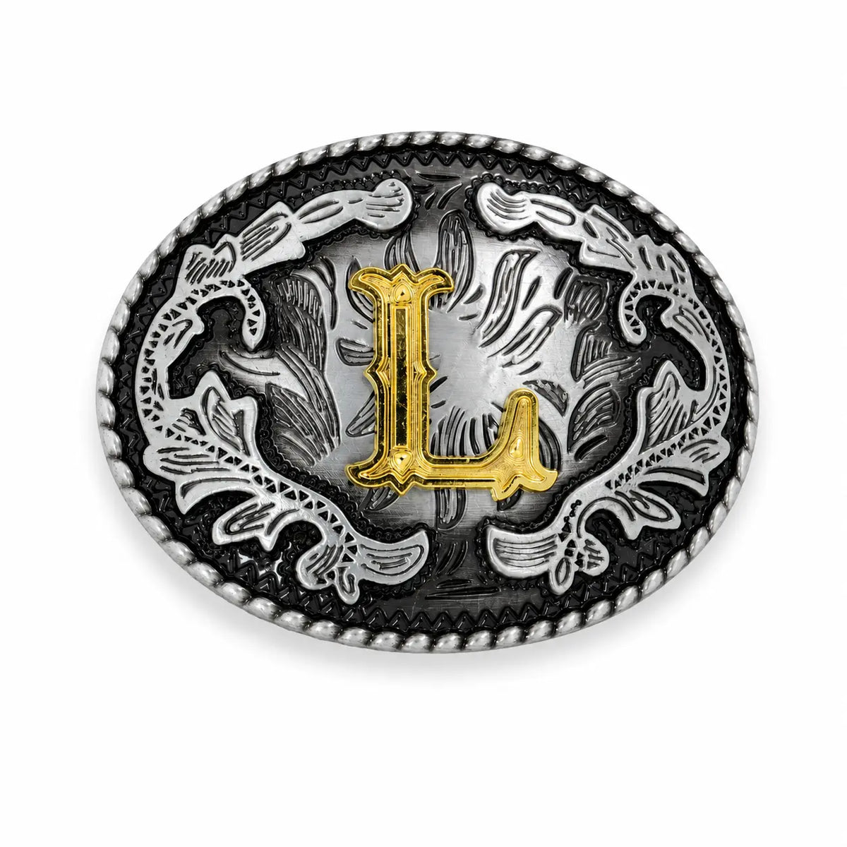 Belt buckle with gold 'L' and silver floral design on a black background