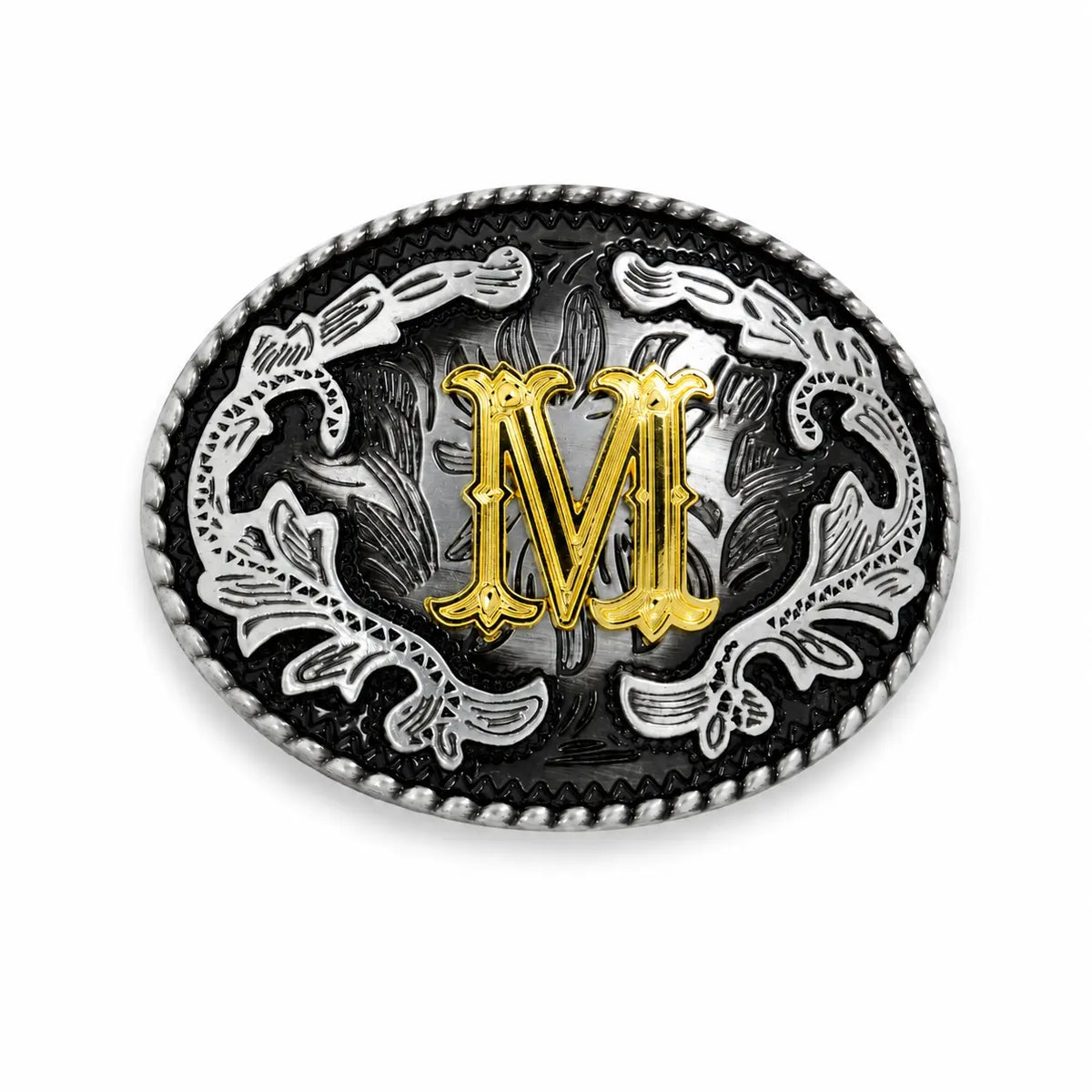 Belt buckle with gold 'M' and silver floral designs on a white background