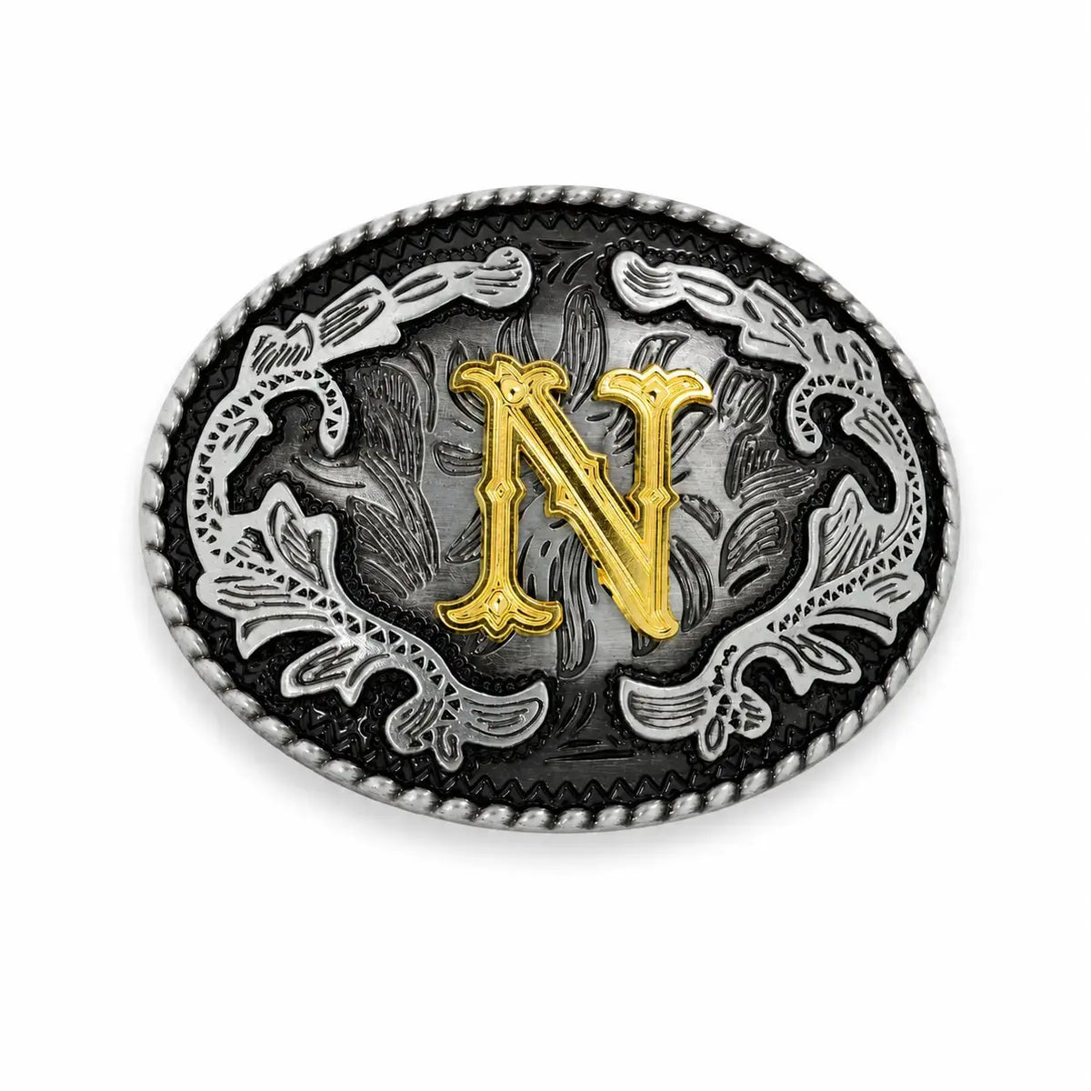 Belt buckle with 'N' letter design on a white background