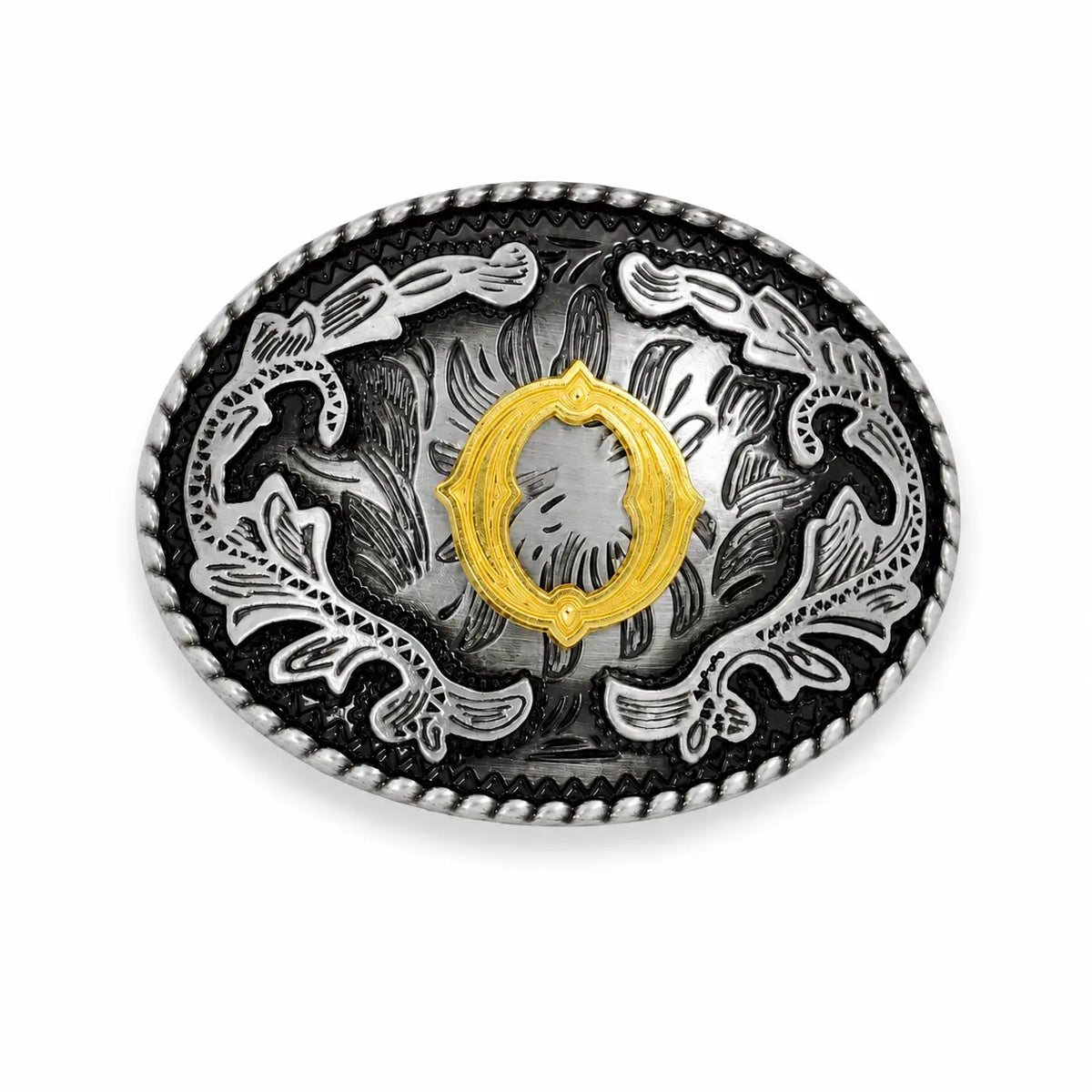 Decorative belt buckle with intricate patterns and a gold center on a white background