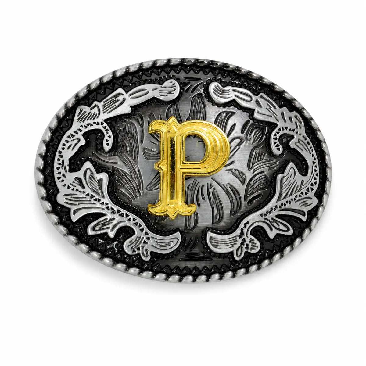 Belt buckle with gold letter 'P' and silver decorative elements on a white background