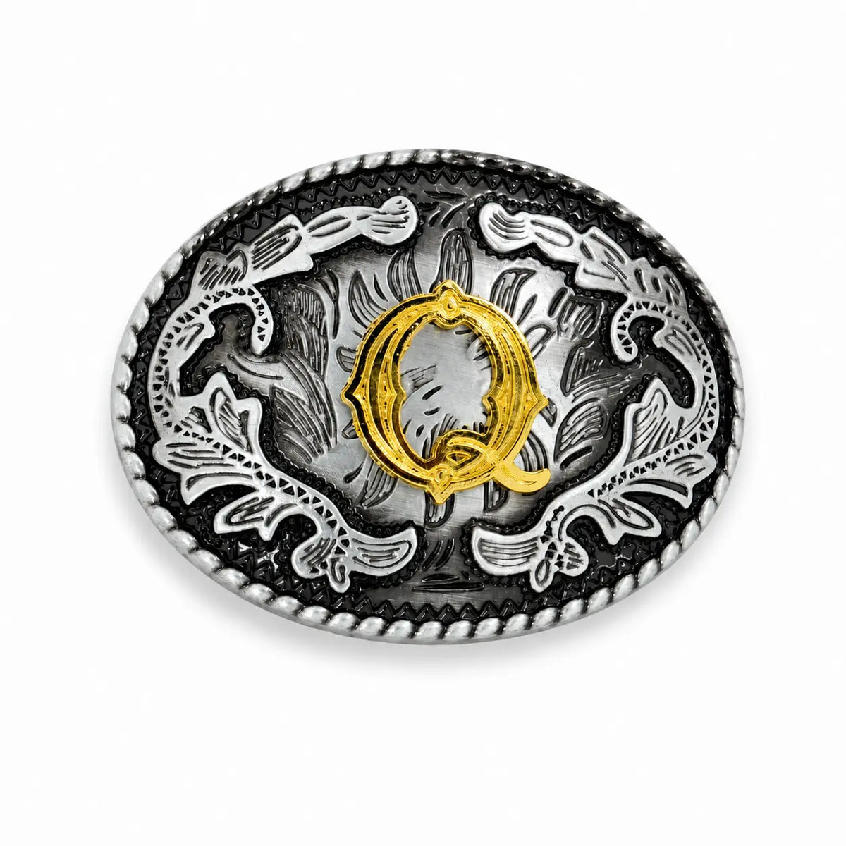 Decorative belt buckle with a gold 'Q' on a white background