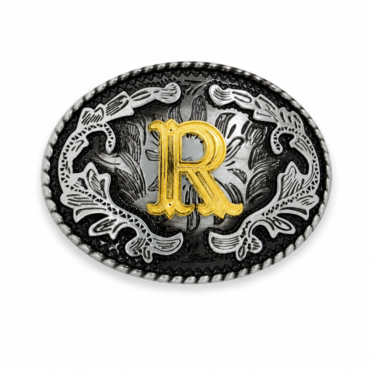 Belt buckle with gold letter 'R' and silver floral designs on a white background