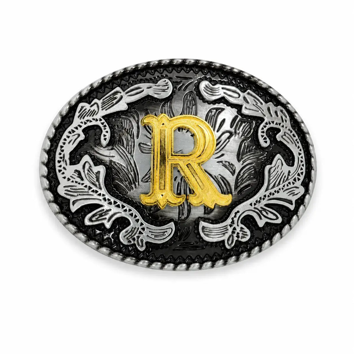 Belt buckle with gold letter 'R' and silver floral designs on a white background