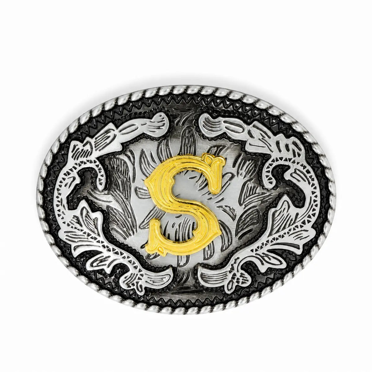 Belt buckle with decorative patterns and a yellow 'S' on a white background