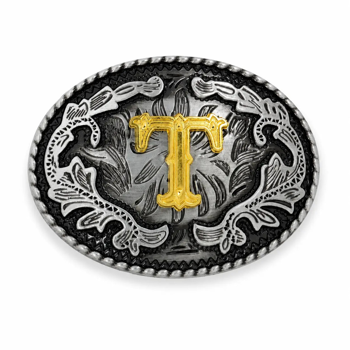 Belt buckle with gold letter 'T' and intricate silver design on a white background