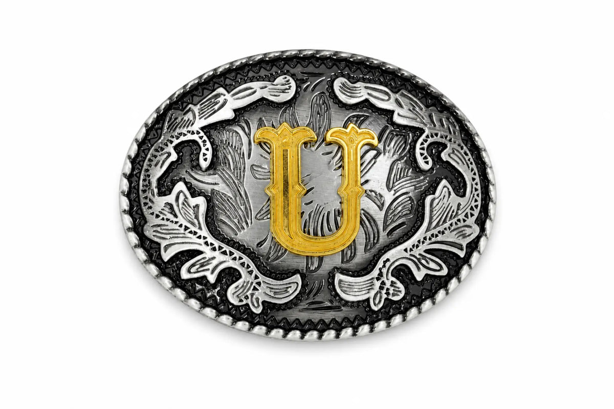 Belt buckle with decorative design and letter 'U' on a white background