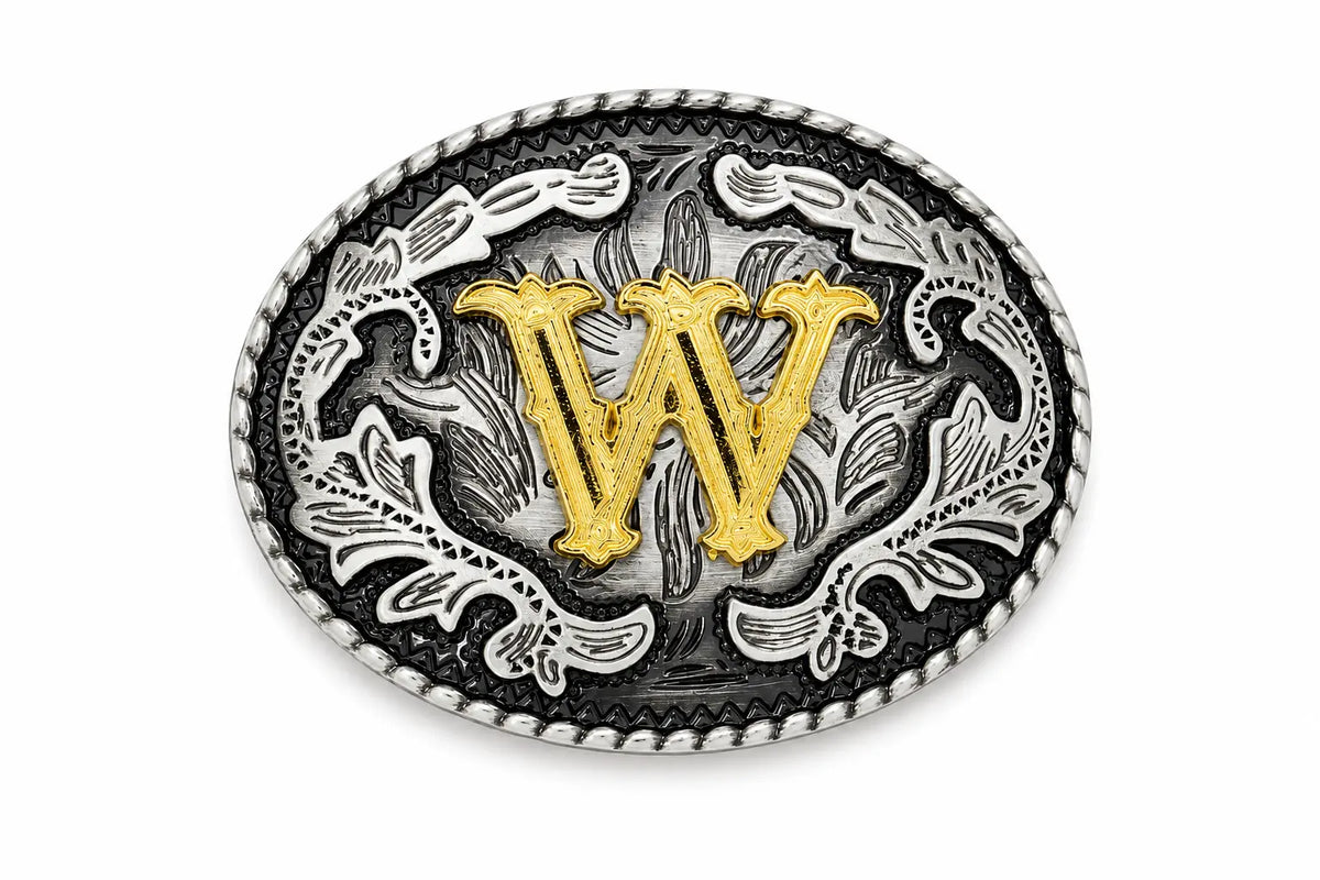 Belt buckle with 'W' logo on a white background