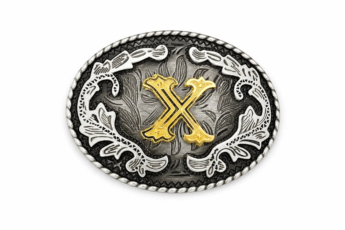 Belt buckle with gold 'X' and decorative patterns on a white background