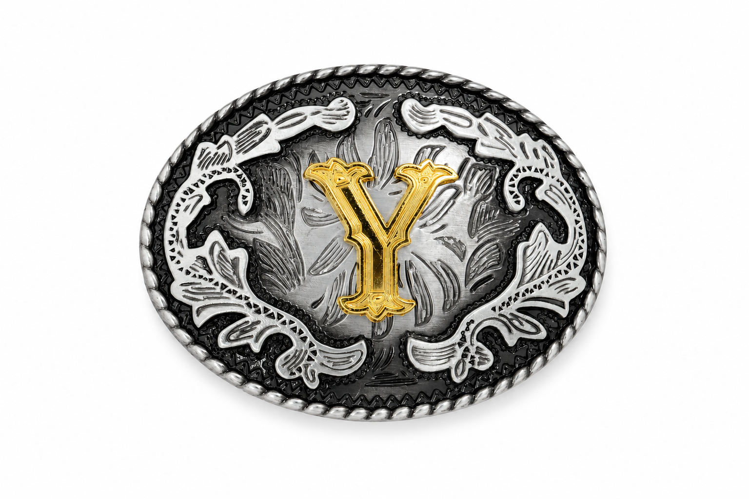 Belt buckle with gold 'Y' and silver floral design on a white background