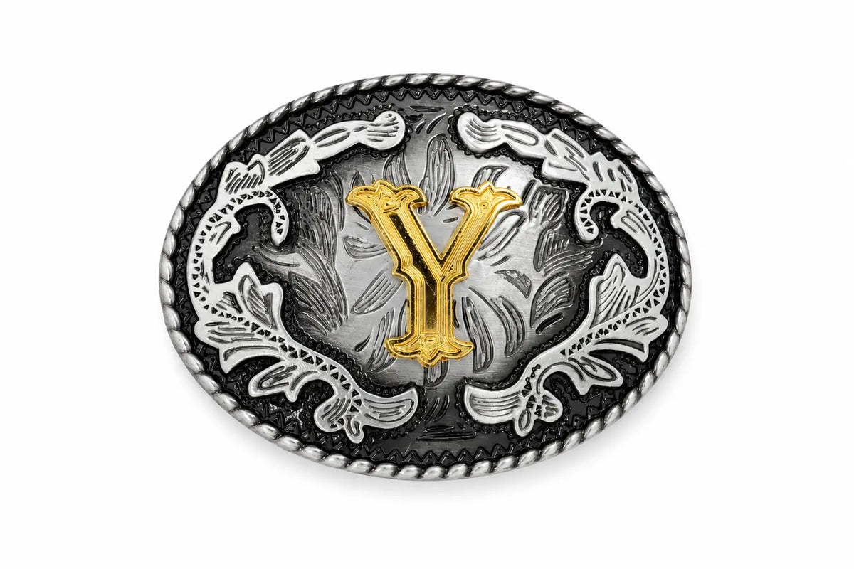 Belt buckle with gold 'Y' and silver floral design on a white background