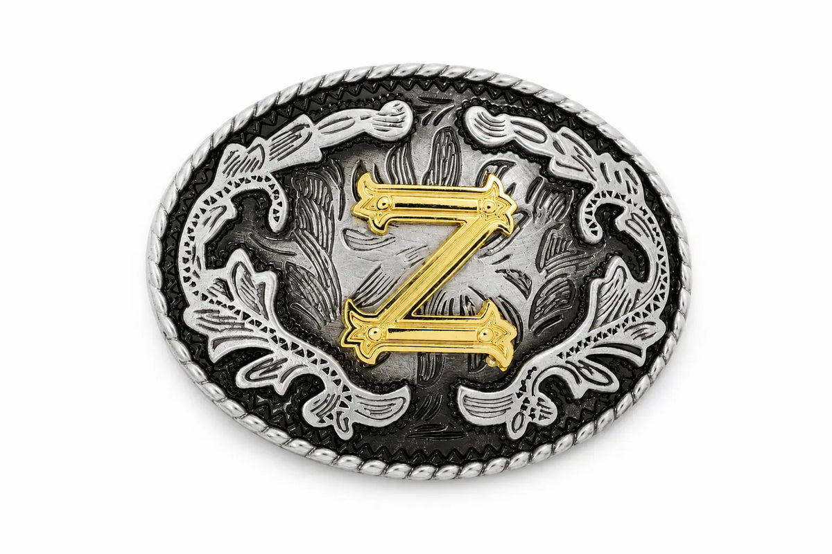 Belt buckle with decorative design and gold letter 'Z' on a white background