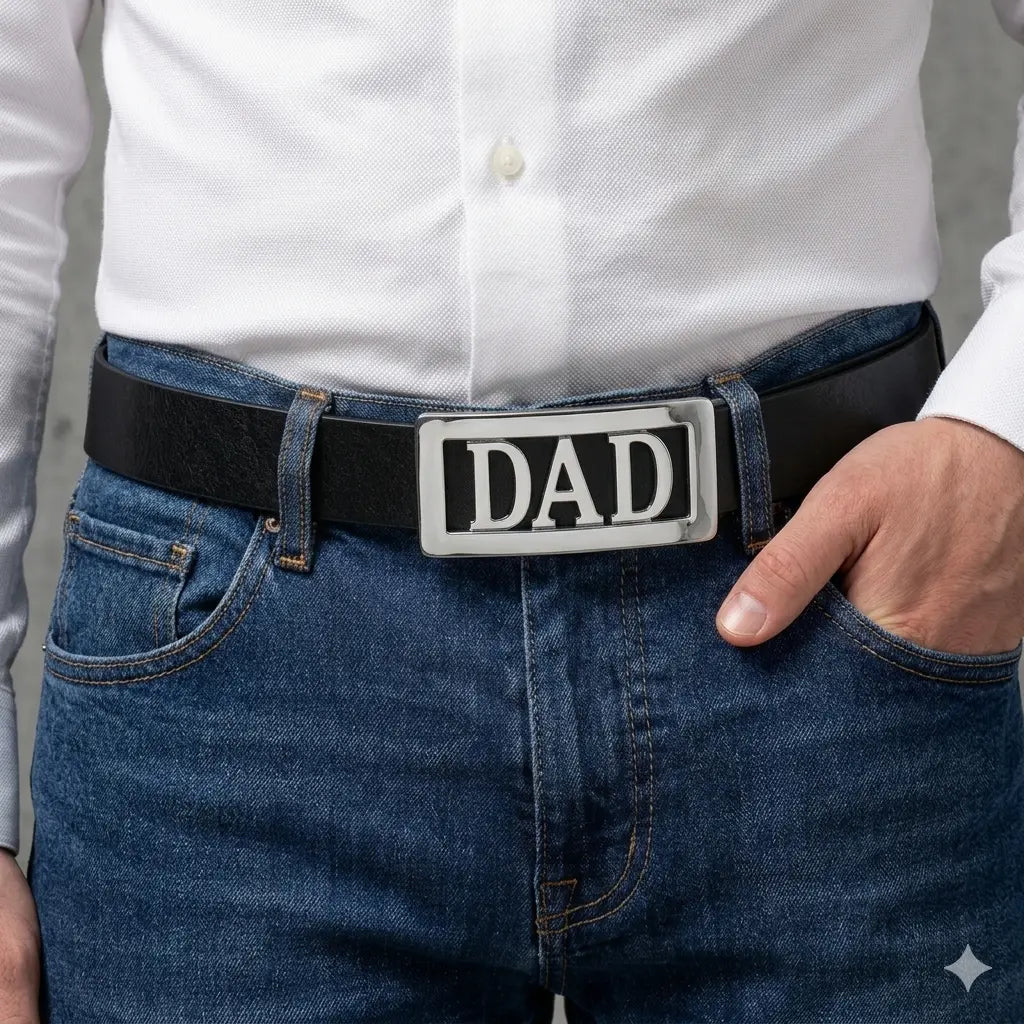 Person wearing a belt with a 'DAD' belt buckle, dressed in a white shirt and blue jeans.