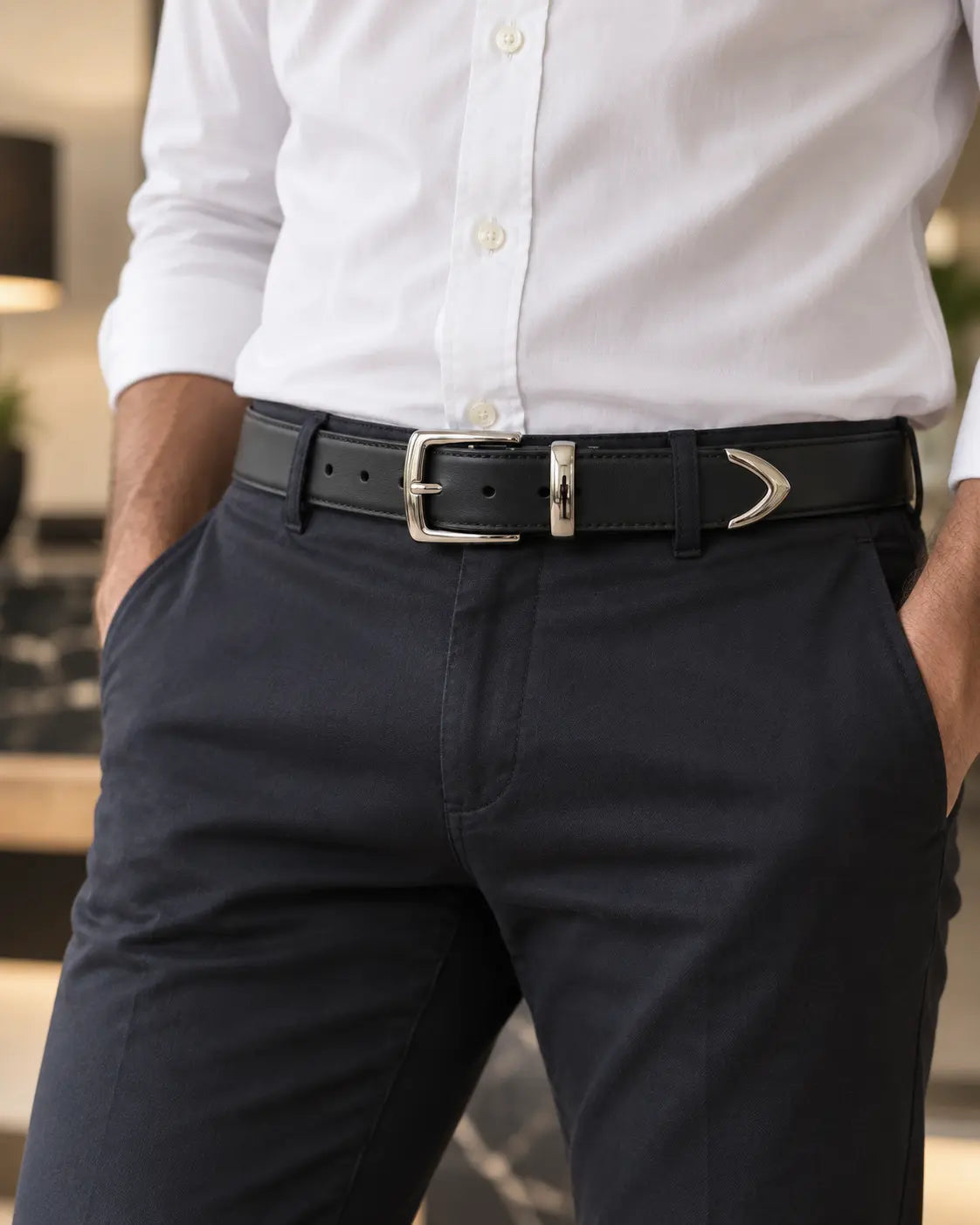 A close-up of a man wearing a black leather belt with a silver-toned metal buckle and tip and a decorative chevron-shaped tip, paired with a white dress shirt and dark trousers.