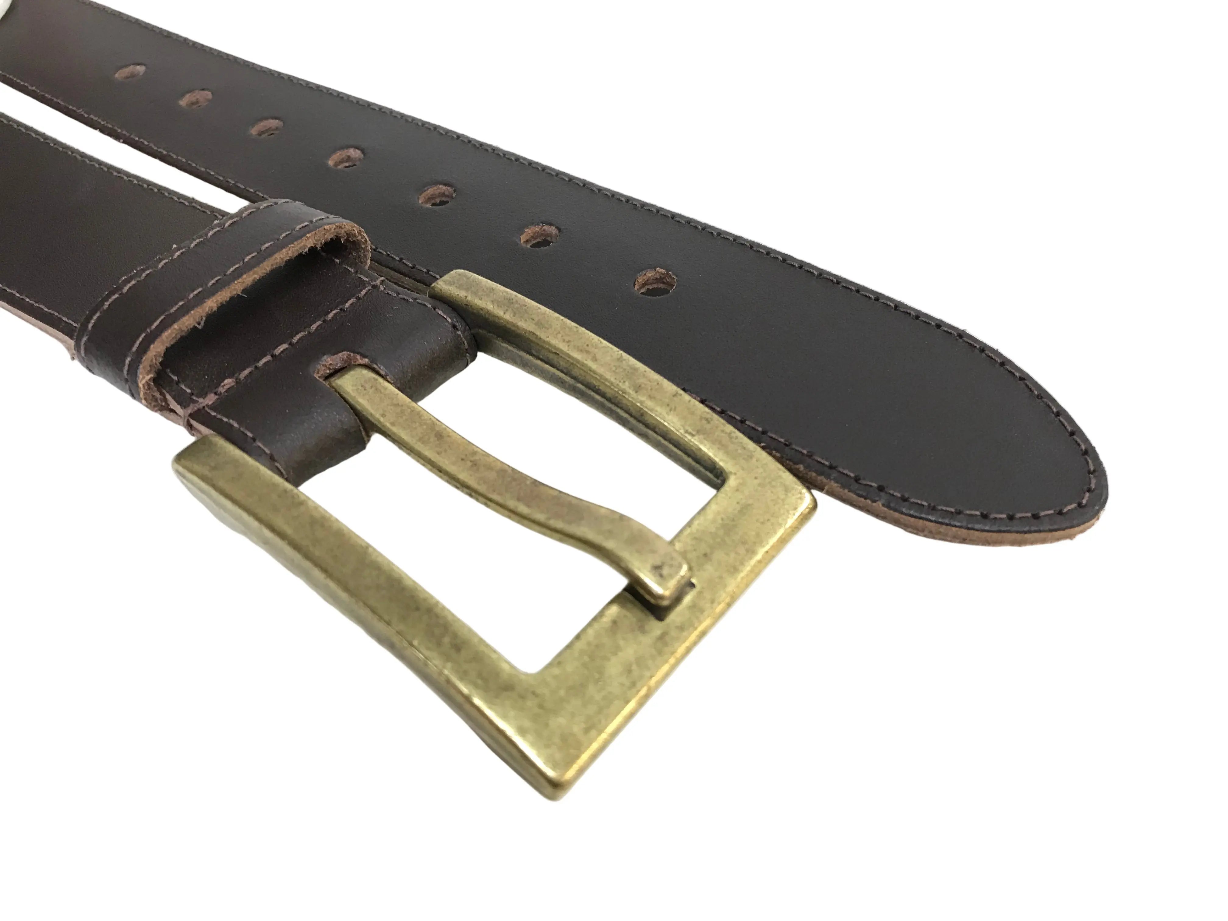 Black Stitched Genuine Leather Belt - Antique Brass Buckle - Leather Keeper Flash My Buckle
